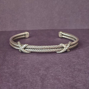 David Yurman Sterling Silver Diamond 925 Cable Cuff Double X Bracelet
